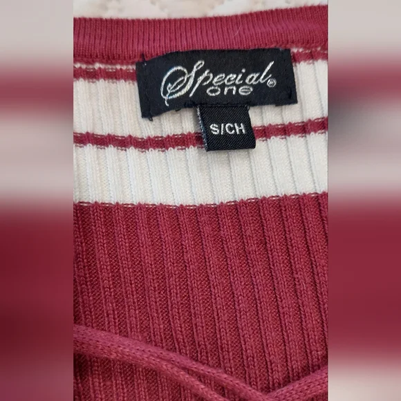 Chic Striped V-Neck Sweater in Burgundy and White - Picture 5 of 6